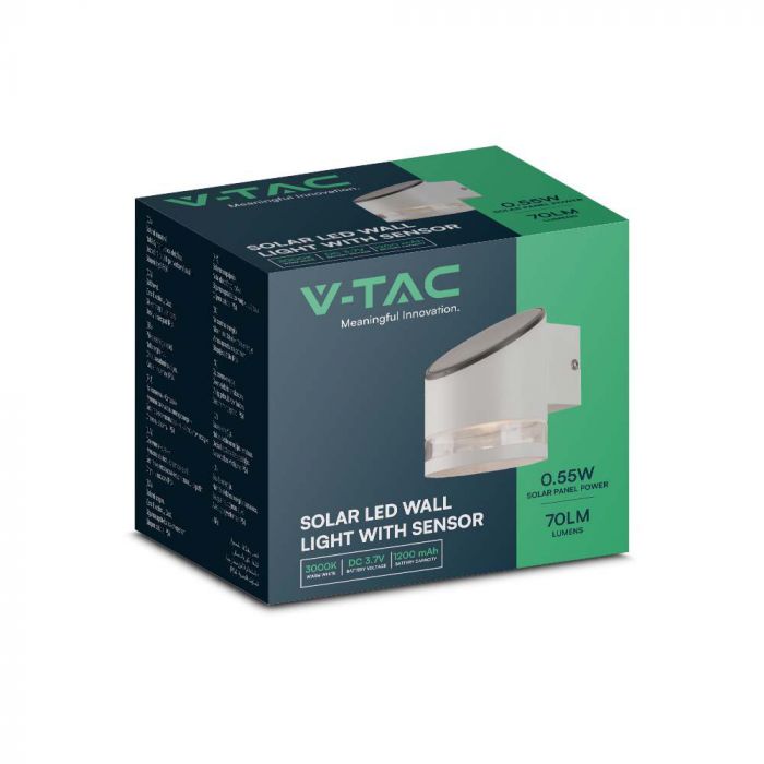 0.55W(70Lm) LED solārais fasādes gaismeklis ar mikroviļņu sensoru, IP44, V-TAC, balts,  121x90x112.5mm, silti balta gaisma 3000K
