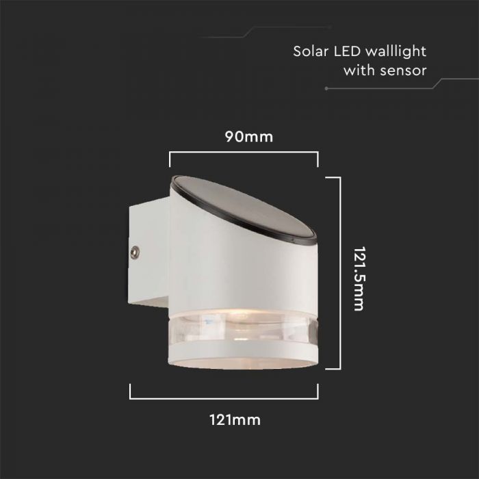 0.55W(70Lm) LED solārais fasādes gaismeklis ar mikroviļņu sensoru, IP44, V-TAC, balts,  121x90x112.5mm, silti balta gaisma 3000K