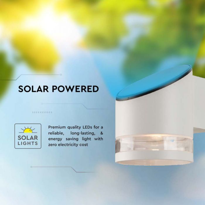 0.55W(70Lm) LED solārais fasādes gaismeklis ar mikroviļņu sensoru, IP44, V-TAC, balts,  121x90x112.5mm, silti balta gaisma 3000K
