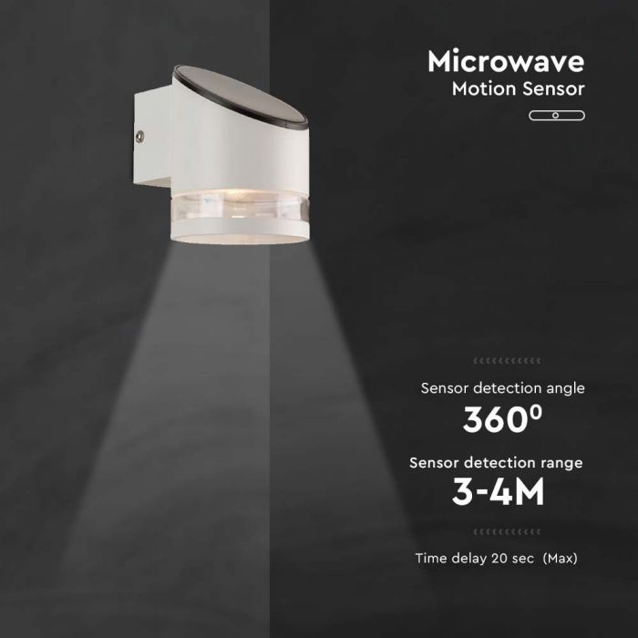 0.55W(70Lm) LED solārais fasādes gaismeklis ar mikroviļņu sensoru, IP44, V-TAC, balts,  121x90x112.5mm, silti balta gaisma 3000K
