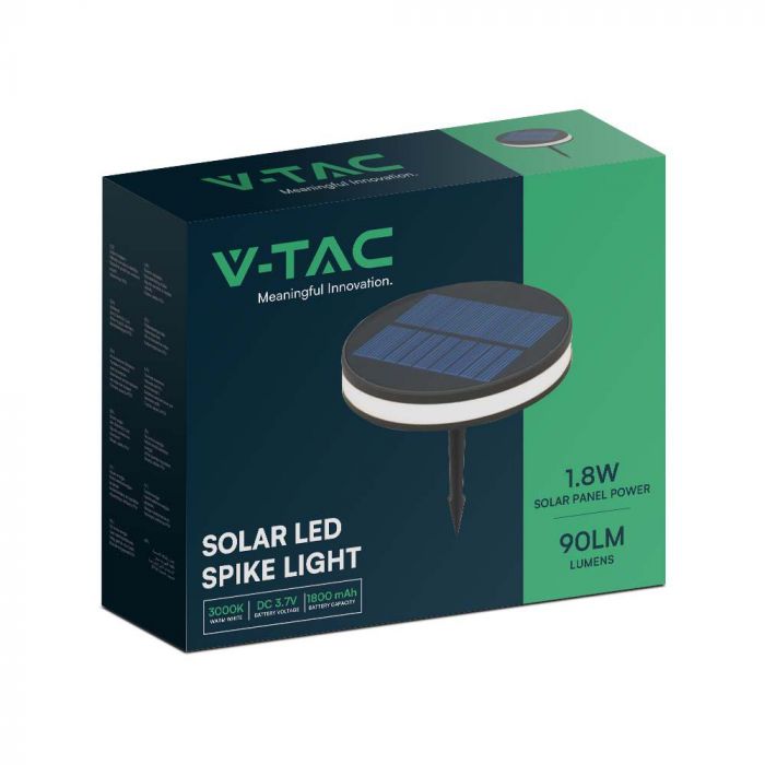 1.8W LED solārais dārza gaismeklis, IP54, V-TAC, melns, apaļš,  155x41x200mm, silti balta gaisma 3000K