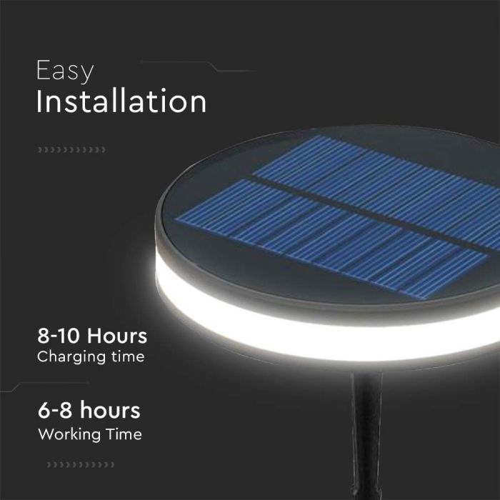 1.8W LED solar garden light, IP54, V-TAC, black, round, 155x41x200mm, warm white light 3000K