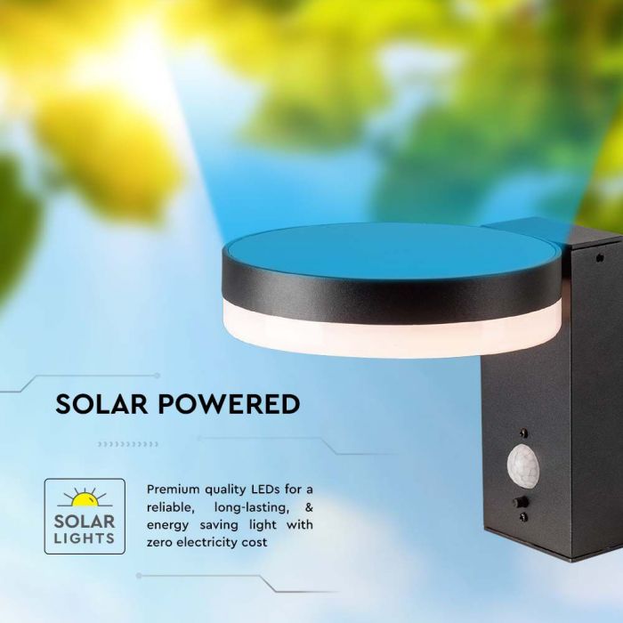 5.5W(220Lm) LED solārais sienas un fasādes gaismeklis ar PIR sensoru, IP54, silti balta gaisma 3000K