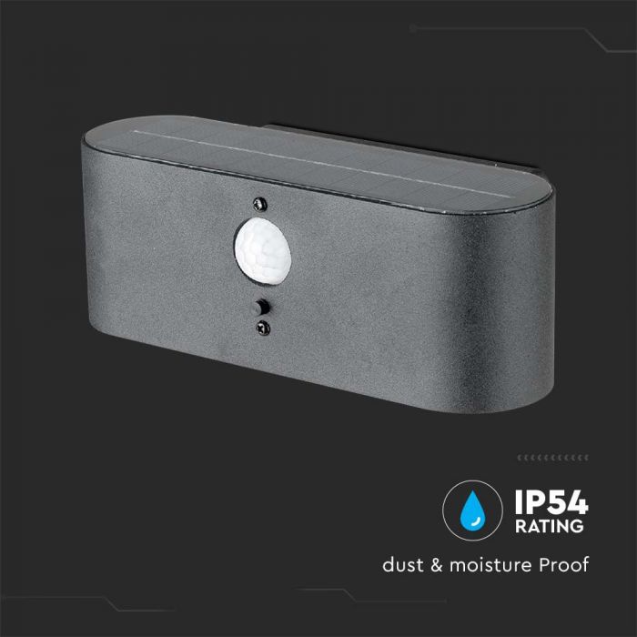 2,5W (100Lm) LED päikesepaneeliga seina- ja fassaadivalgusti PIR-anduriga, IP54, soe valge valgus 3000K