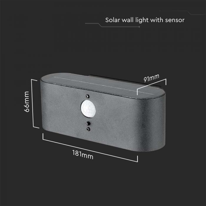 2,5W (100Lm) LED päikesepaneeliga seina- ja fassaadivalgusti PIR-anduriga, IP54, soe valge valgus 3000K