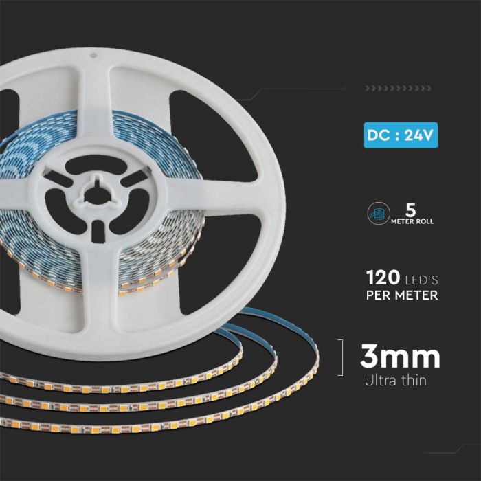 Pris för 1m_8W 800Lm/m 24V 120 LED SMD band, 3mm, V-TAC, IP20 vattentät, varmvitt ljus 3000K