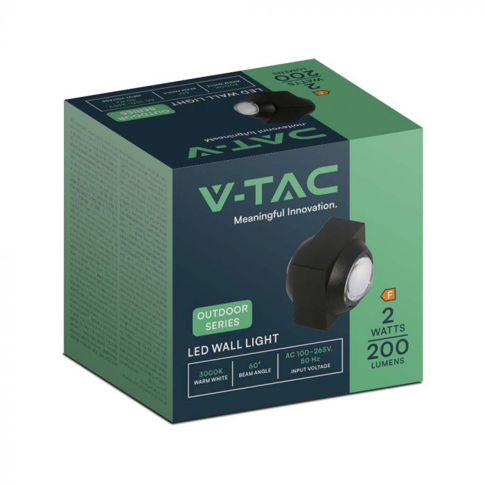 2W(200Lm) COB LED Fasādes gaismeklis, V-TAC, IP54, melns, silti balta gaisma 3000K