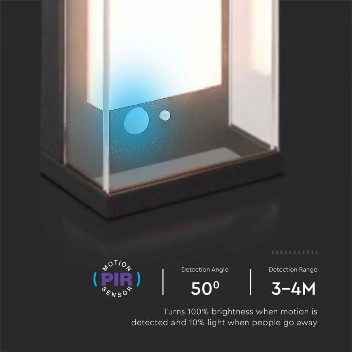 1W(95Lm) LED solārais Fasādes gaismeklis ar PIR sensoru, V-TAC, IP65, melns, silti balta gaisma 3000K