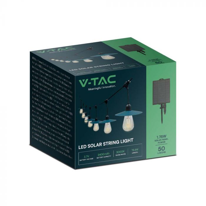 V-TAC LED Solar String Light, IP44, 15gb 50Lm лампочек Filament ST64 теплый белый 3000K, 3.7V, 2400mAh литиевый аккумулятор, 1.75W панель, длина 1560mm
