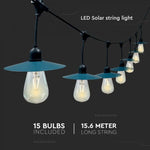 V-TAC LED Solar String Light, IP44, 15gb 50Lm лампочек Filament ST64 теплый белый 3000K, 3.7V, 2400mAh литиевый аккумулятор, 1.75W панель, длина 1560mm