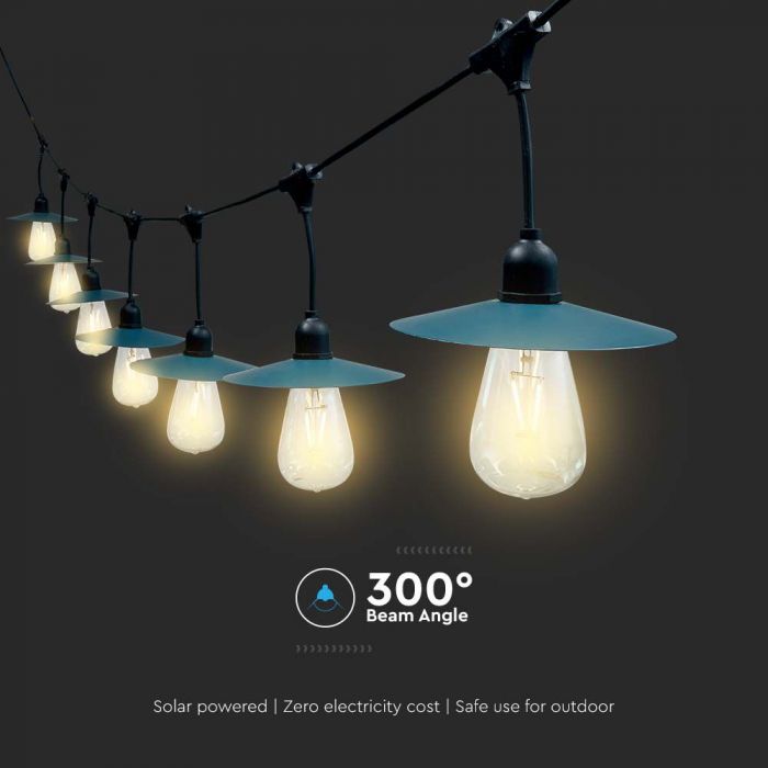 V-TAC LED Solar String Light, IP44, 15gb 50Lm лампочек Filament ST64 теплый белый 3000K, 3.7V, 2400mAh литиевый аккумулятор, 1.75W панель, длина 1560mm