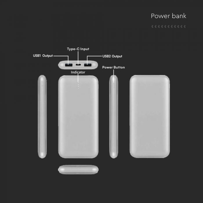 10W 5V, Li-Pol, 10000mAh Power Bank, USB Type-C kaabel, hall