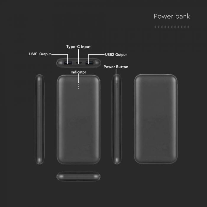 10W 5V, Li-Pol, 10000mAh Power Bank, USB type c cable 30cm, black