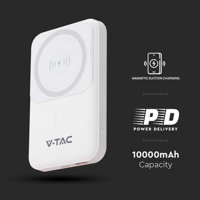 15W 3.7V, 10000mAh/37wh Power Bank, USB Type-C kaabel, valge