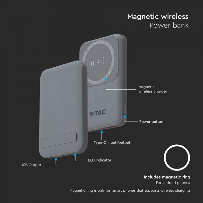 15W 3.7V, 10000mAh/37wh Power Bank, USB Type C cable, gray