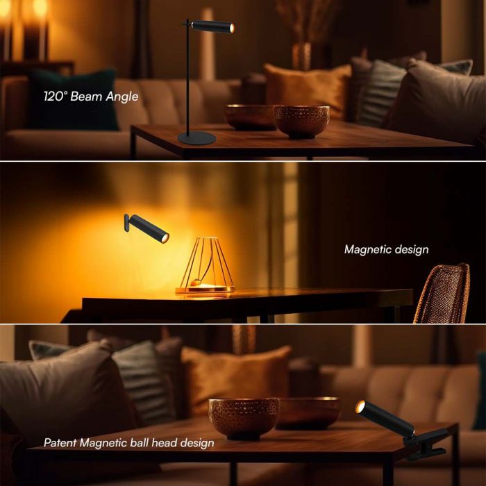 3W(300Lm) LED bords-/väggmagnetarmatur, V-TAC, IP20, svart, neutralvit 4000K
