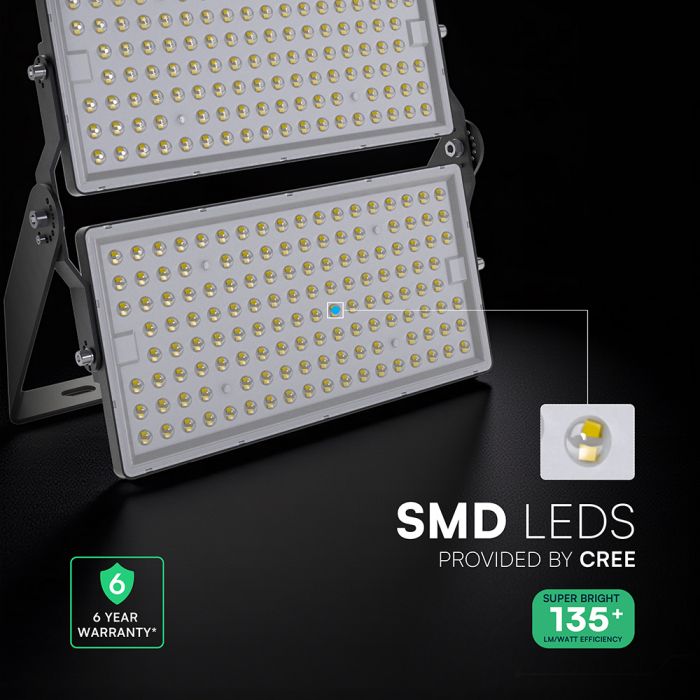 500W(67500Lm) LED SMD-CREE prožektors, 135Lm/W, V-TAC, IP65, melns korpuss ar pelēku stiklu, neitrāli balta gaisma 4000K