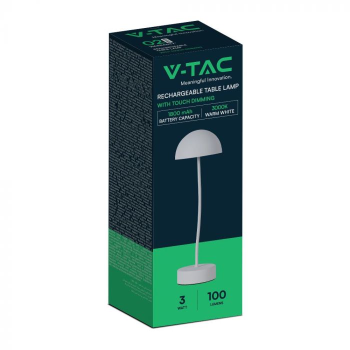 3W(100Lm) LED-bordslampa, V-TAC, IP20, vit, dimbar, 5V 1A, 120x360mm, varmvitt ljus 3000K