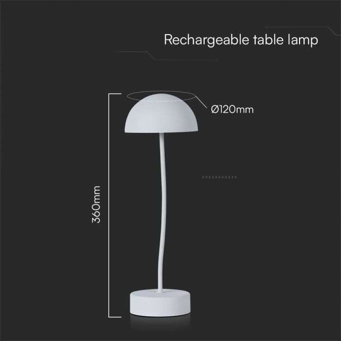 3W(100Lm) LED-bordslampa, V-TAC, IP20, vit, dimbar, 5V 1A, 120x360mm, varmvitt ljus 3000K