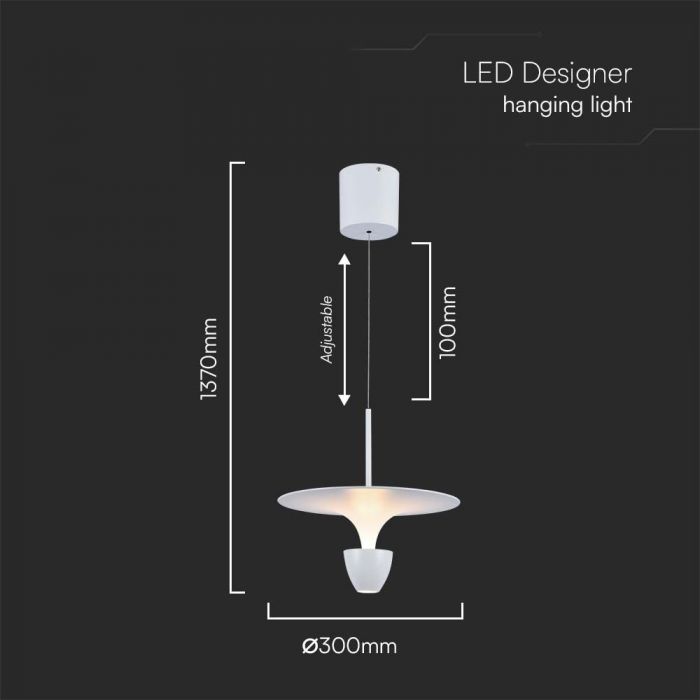 9W(1000Lm) LED dizaina gaismeklis, IP20, V-TAC, balts, 300x1370mm, silti balta gaisma 3000K
