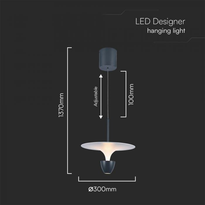 9W(1000Lm) LED dizaina gaismeklis, IP20, V-TAC, balts/pelēks, 300x1370, silti balta gaisma 3000K