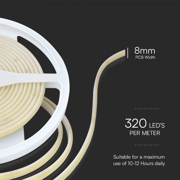 Cena par 5m_10W(840Lm) 320 LED COB Lente, 24V, V-TAC, IP67 ūdensdroša, neitrāli balta gaisma 4000K