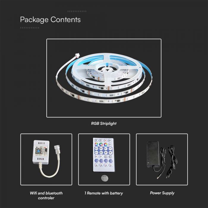13W 24V 60 LED SMD5050 Lentes komplekts 5m ar 1 Wi-Fi un Bluetooth kontrolieri,  Magic Home Pro, IP20, V-TAC, RGB krāsains
