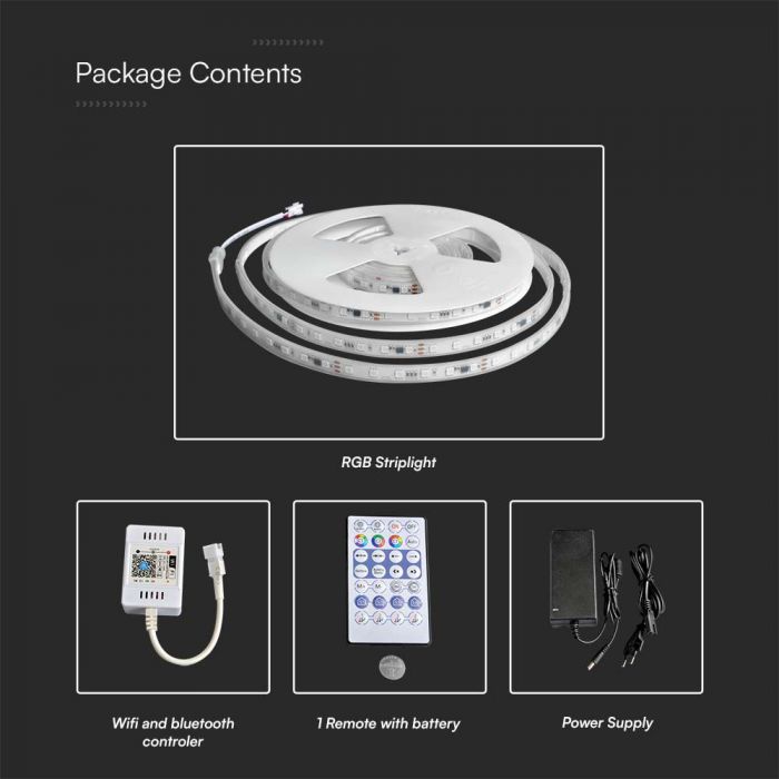 13W 24V, 60 LED SMD5050 Tape set 5m with with 1 Wi-Fi and Bluetooth controller, IP65, V-TAC, RGB colored
