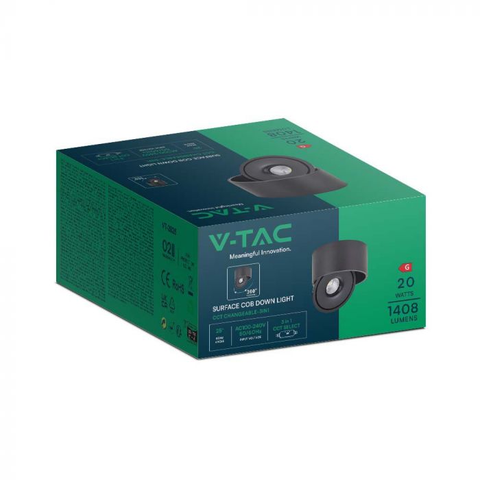 Потолочный светодиодный светильник 20W(1408Lm) COB, V-TAC, круглый, черный, 3IN1