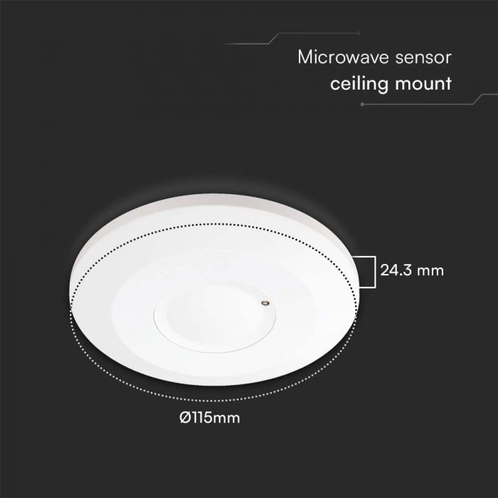 1000W mikroviļņu kustību sensors,  Max 2000W, 360°, balts, IP20, V-TAC, balts