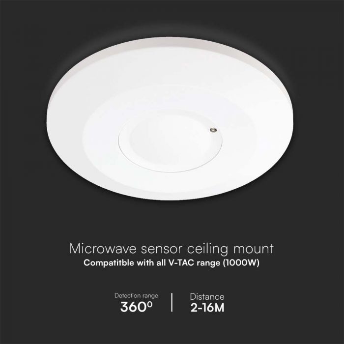 1000W mikroviļņu kustību sensors,  Max 2000W, 360°, balts, IP20, V-TAC, balts