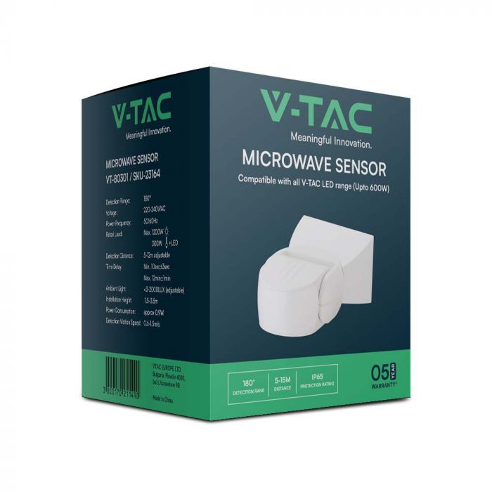 300W microwave motion sensor, Max 1200W, 180°, white, IP65, V-TAC