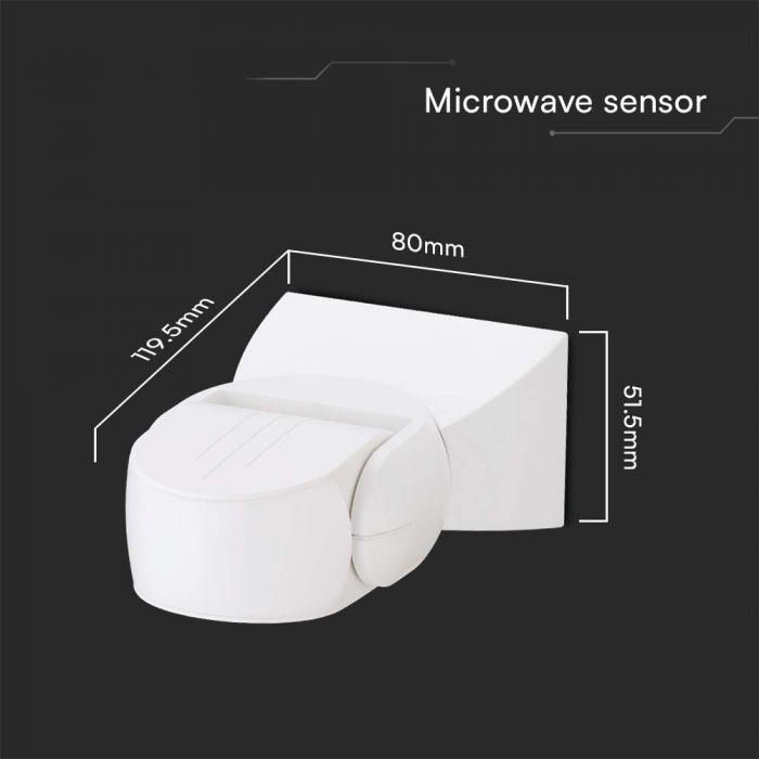300W microwave motion sensor, Max 1200W, 180°, white, IP65, V-TAC