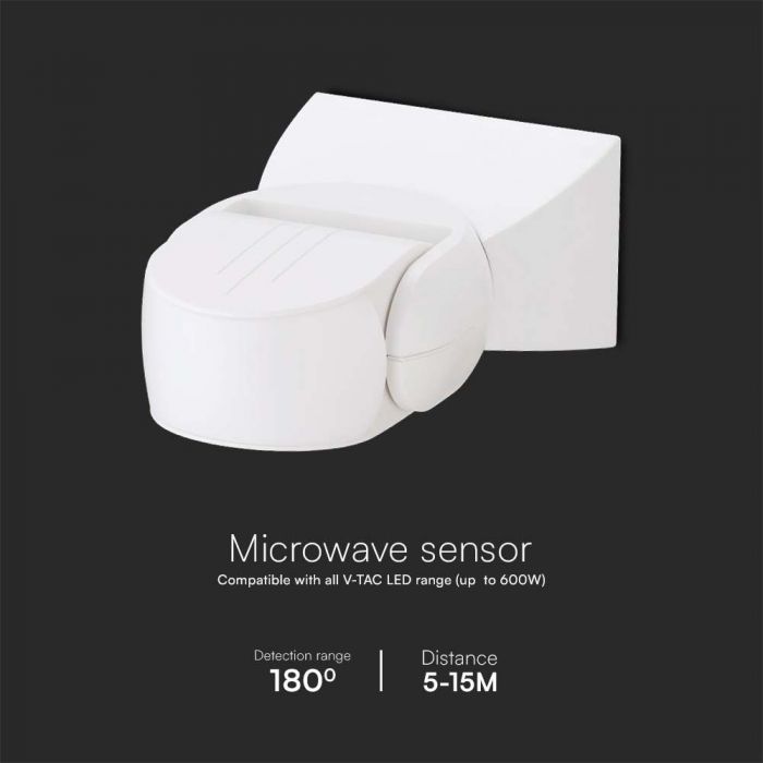 300W microwave motion sensor, Max 1200W, 180°, white, IP65, V-TAC