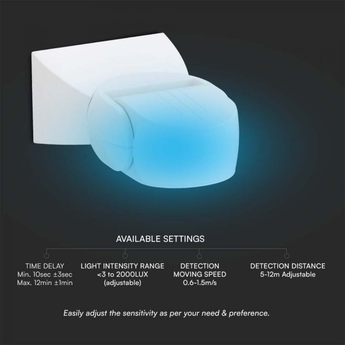 300W microwave motion sensor, Max 1200W, 180°, white, IP65, V-TAC