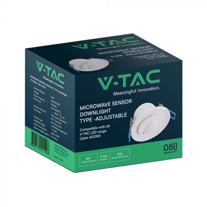 300W microwave motion sensor, Max 1200W, 360°, white, IP65, V-TAC