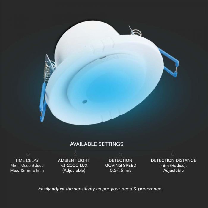 300W microwave motion sensor, Max 1200W, 360°, white, IP65, V-TAC
