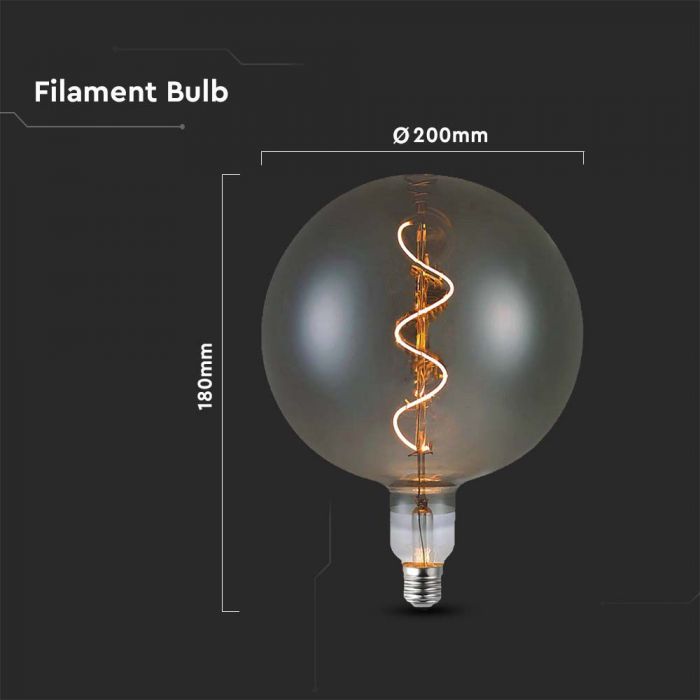 E27 4W(120Lm) LED Spuldze Filament Smoky, G200S, V-TAC, IP20, Silti balta gaisma 2700K