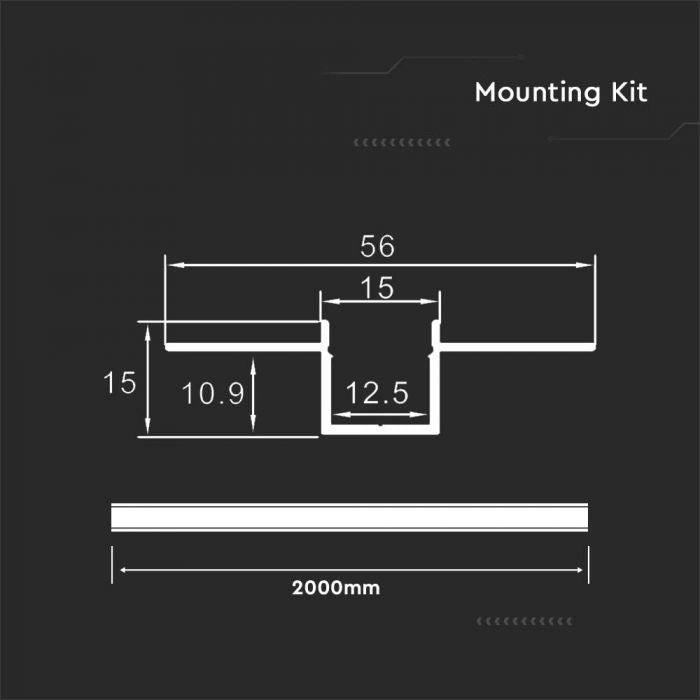 2m infälld aluminiumprofil med diffusor, 2000x55x15mm, IP20, silver
