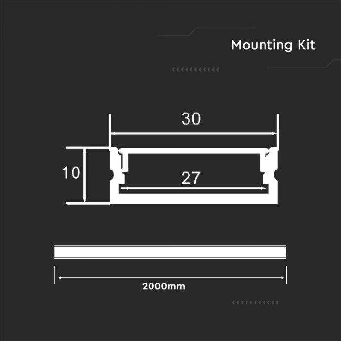 2m plastered aluminum profile with diffuser, 2000x30x10mm, IP20, silver color