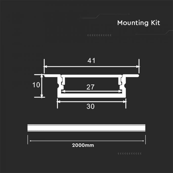 2m built-in aluminum profile with diffuser, 2000x30x10mm, IP20, silver color