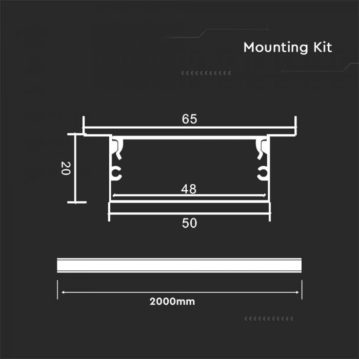 2m built-in aluminum profile with diffuser, 2000x50x10mm, IP20, silver color