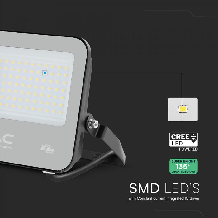 50W(6750Lm) 135LM/W LED CREE prožektors bez kustību sensora, V-TAC, IP65, garantija 6 gadi, melns korpuss ar pelēku stiklu, silti balta gaisma 3000K