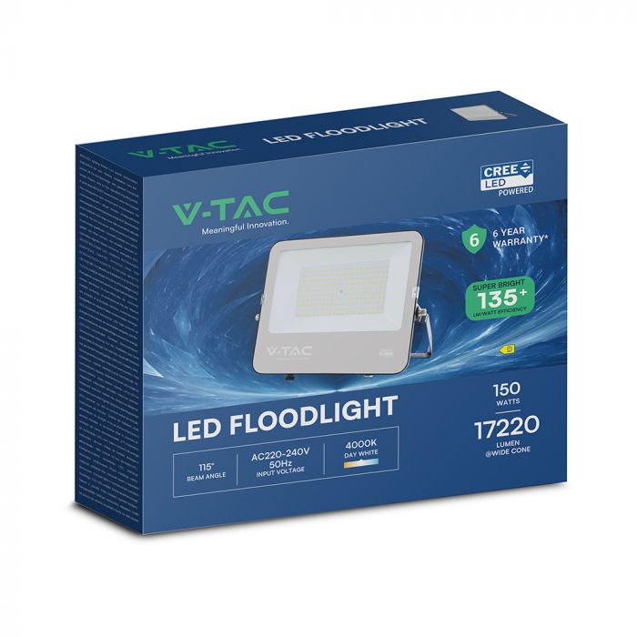 150W(20250Lm) LED SMD-CREE Chip prožektors, IP65, IK05, V-TAC, melns ar pelēku stiklu, neitrāli balta gaisma 4000K