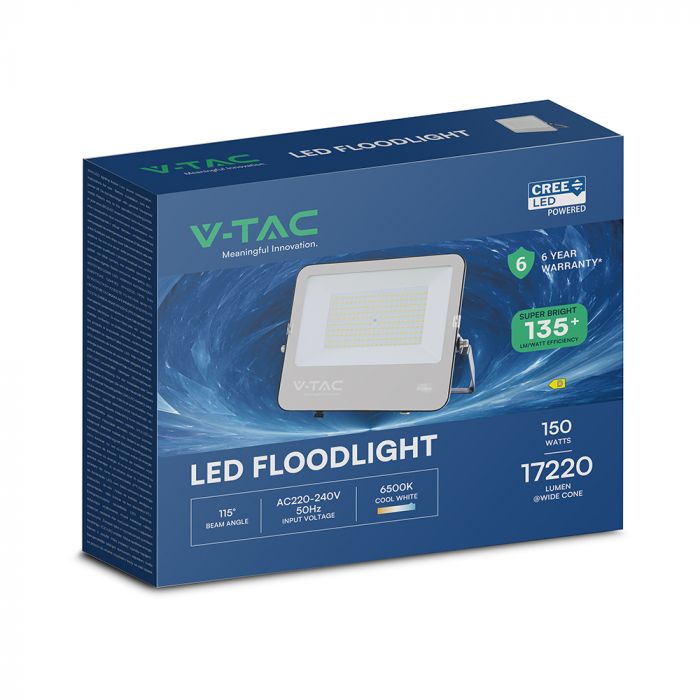 150W(20250Lm) LED prožektors, V-TAC VT-44153, CREE SMD, IP65, IK05, melns korpuss ar pelēku stiklu, 331x47x278mm, 220–240V, 115°, 135Lm/W, 1m kabelis, 6 gadu garantija, auksti balta gaisma 6500K