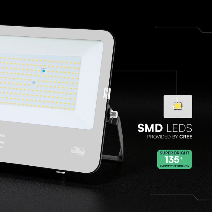 150W(20250Lm) LED prožektors, V-TAC VT-44153, CREE SMD, IP65, IK05, melns korpuss ar pelēku stiklu, 331x47x278mm, 220–240V, 115°, 135Lm/W, 1m kabelis, 6 gadu garantija, auksti balta gaisma 6500K