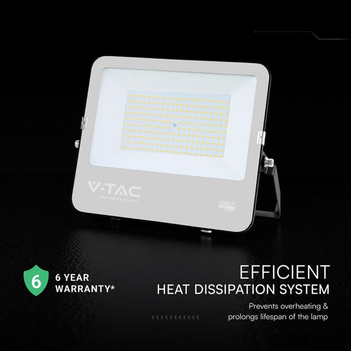 150W(20250Lm) LED prožektors, V-TAC VT-44153, CREE SMD, IP65, IK05, melns korpuss ar pelēku stiklu, 331x47x278mm, 220–240V, 115°, 135Lm/W, 1m kabelis, 6 gadu garantija, auksti balta gaisma 6500K