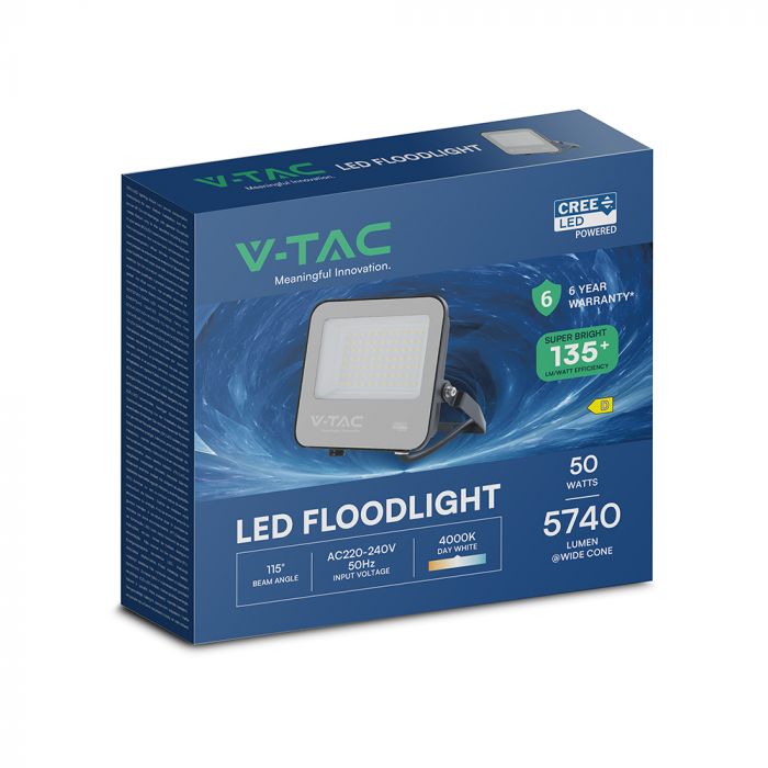 50W(6750Lm) 135LM/W LED CREE prožektors bez kustību sensora, V-TAC, IP65, garantija 6 gadi, melns korpuss ar pelēku stiklu, neitrāli balta gaisma 4000K