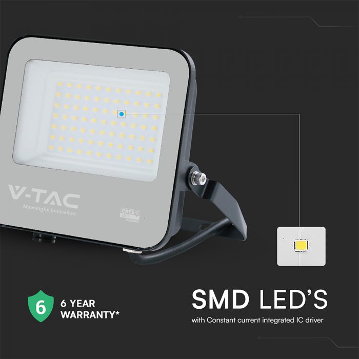 50W(6750Lm) 135LM/W LED CREE prožektors bez kustību sensora, V-TAC, IP65, garantija 6 gadi, melns korpuss ar pelēku stiklu, neitrāli balta gaisma 4000K