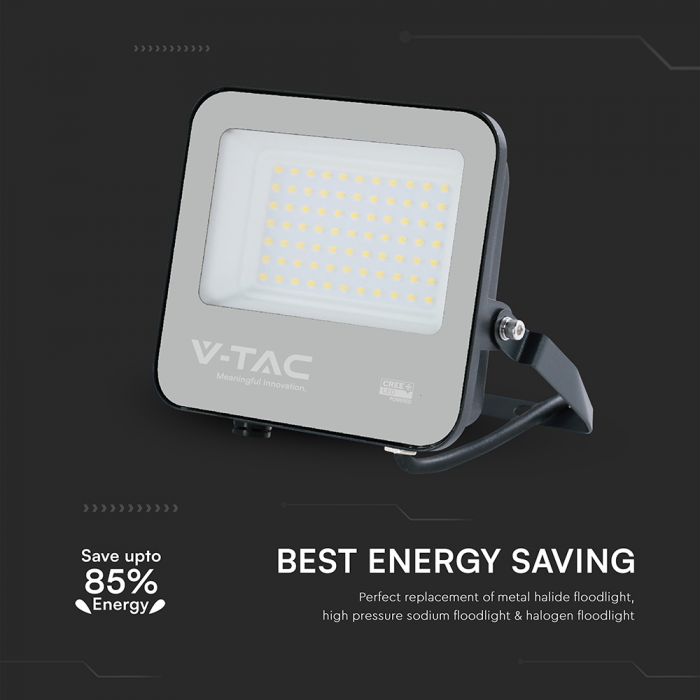 50W(6750Lm) 135LM/W LED CREE prožektors bez kustību sensora, V-TAC, IP65, garantija 6 gadi, melns korpuss ar pelēku stiklu, neitrāli balta gaisma 4000K